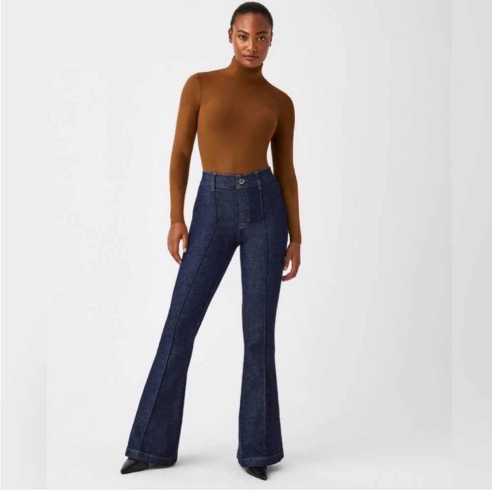 SPANX Pintuck Flare Jeans Raw Indigo High Rise Stretch Denim Booty Lift Size XL